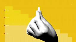 Against a bright yellow background with graph paper texture, there is a representation of a step graph on top. In the center is a black and white cutout image of a hand holding a single pill.
GoodRx Health