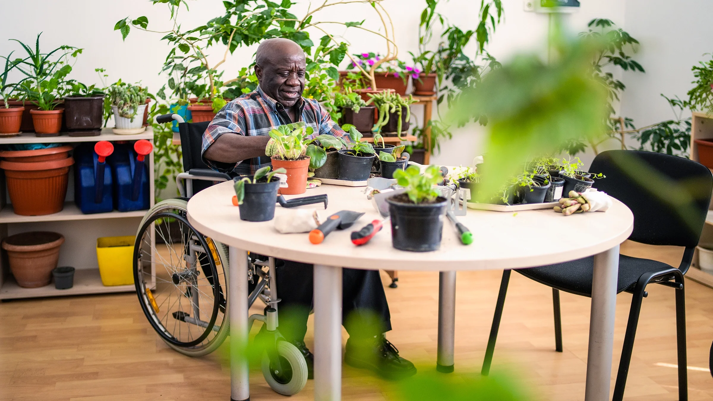Man potting plants at a table.