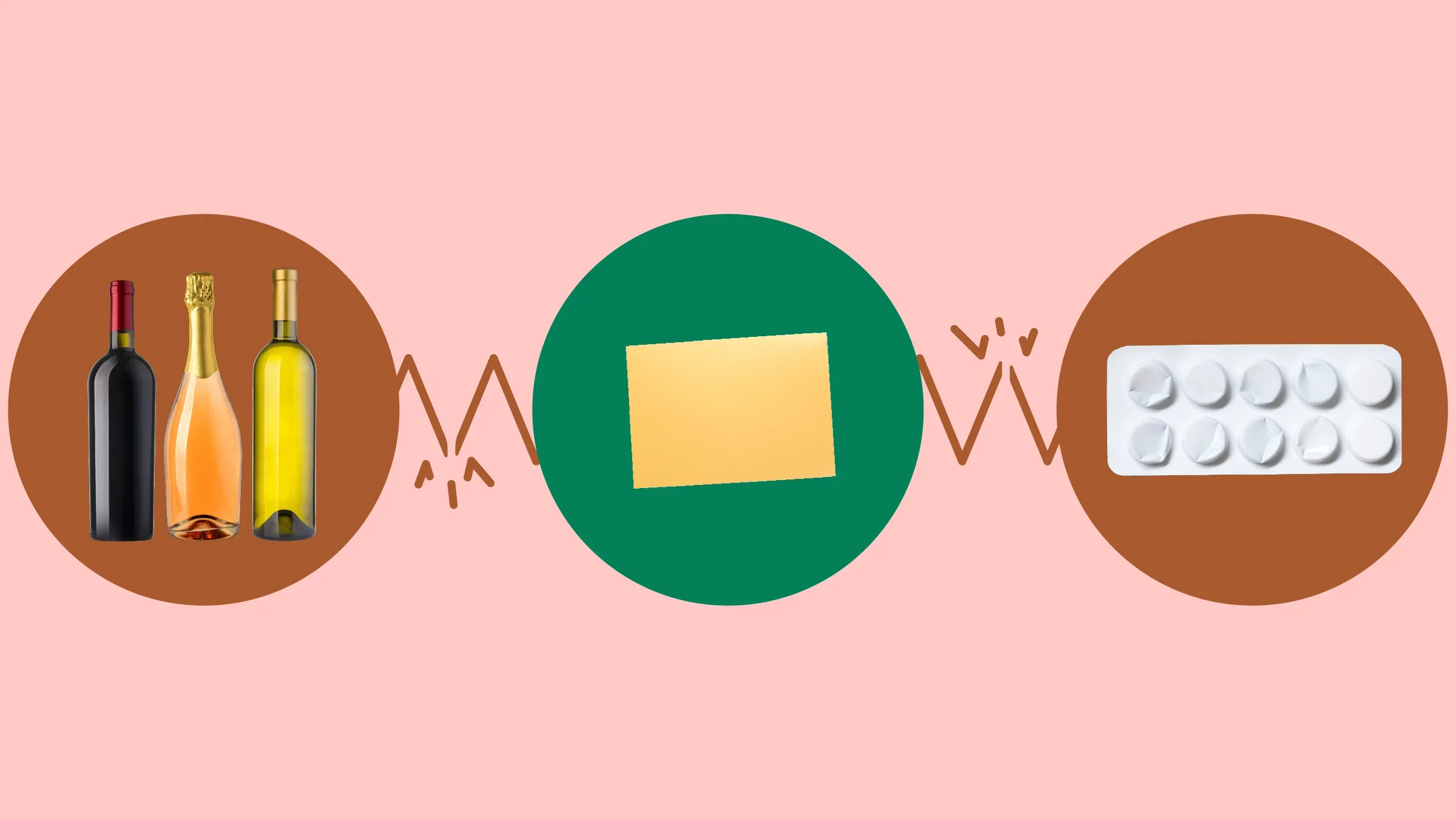 The image shows a light red background with three circles across the frame. In the center, on a green circle, is a single sublingual medication film. On the left, on a red circle, are three bottles of alcohol. On the right, on a red circle, is a white blister pack of round pills. 
GoodRx Health