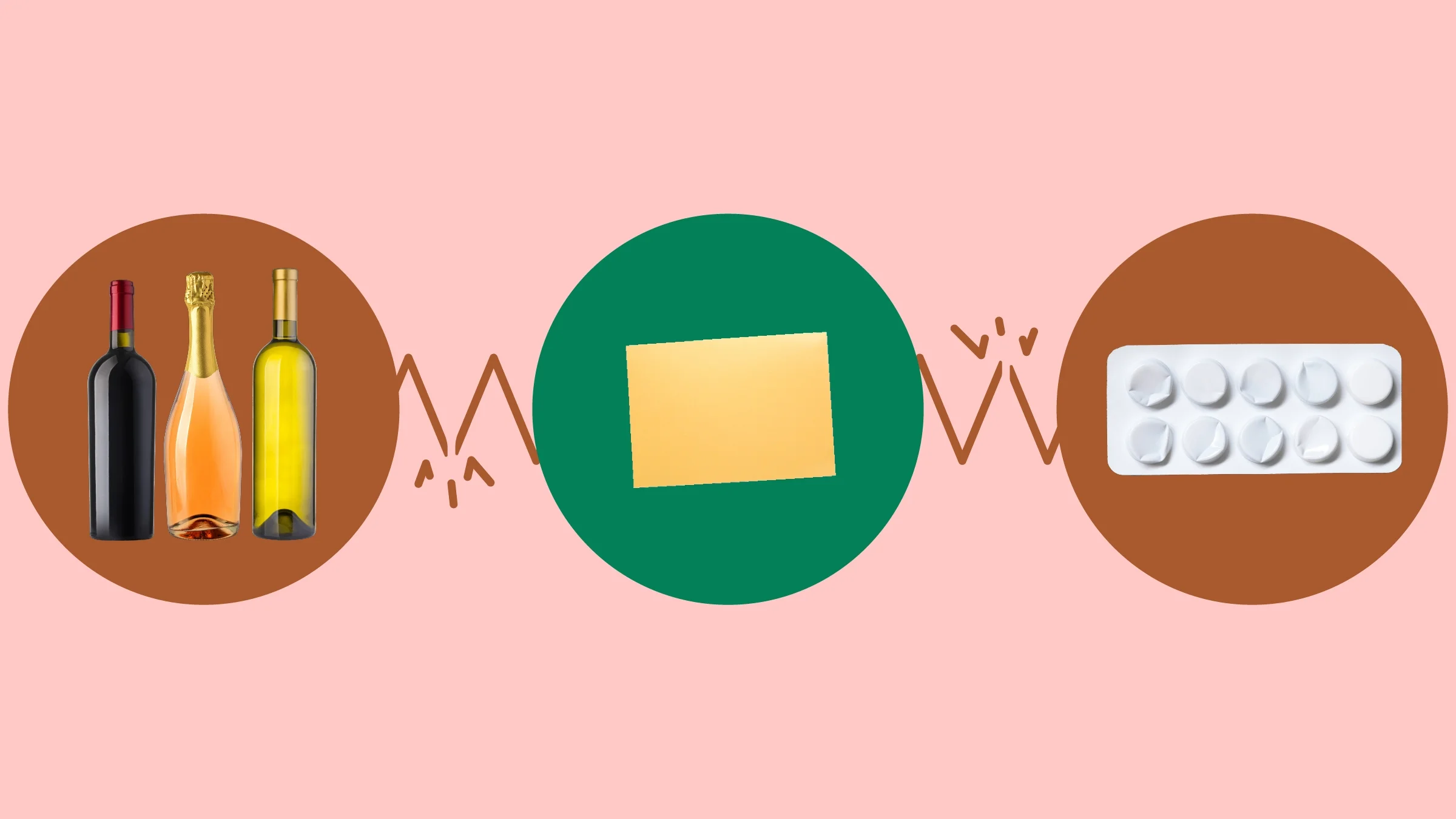The image shows a light red background with three circles across the frame. In the center, on a green circle, is a single sublingual medication film. On the left, on a red circle, are three bottles of alcohol. On the right, on a red circle, is a white blister pack of round pills.