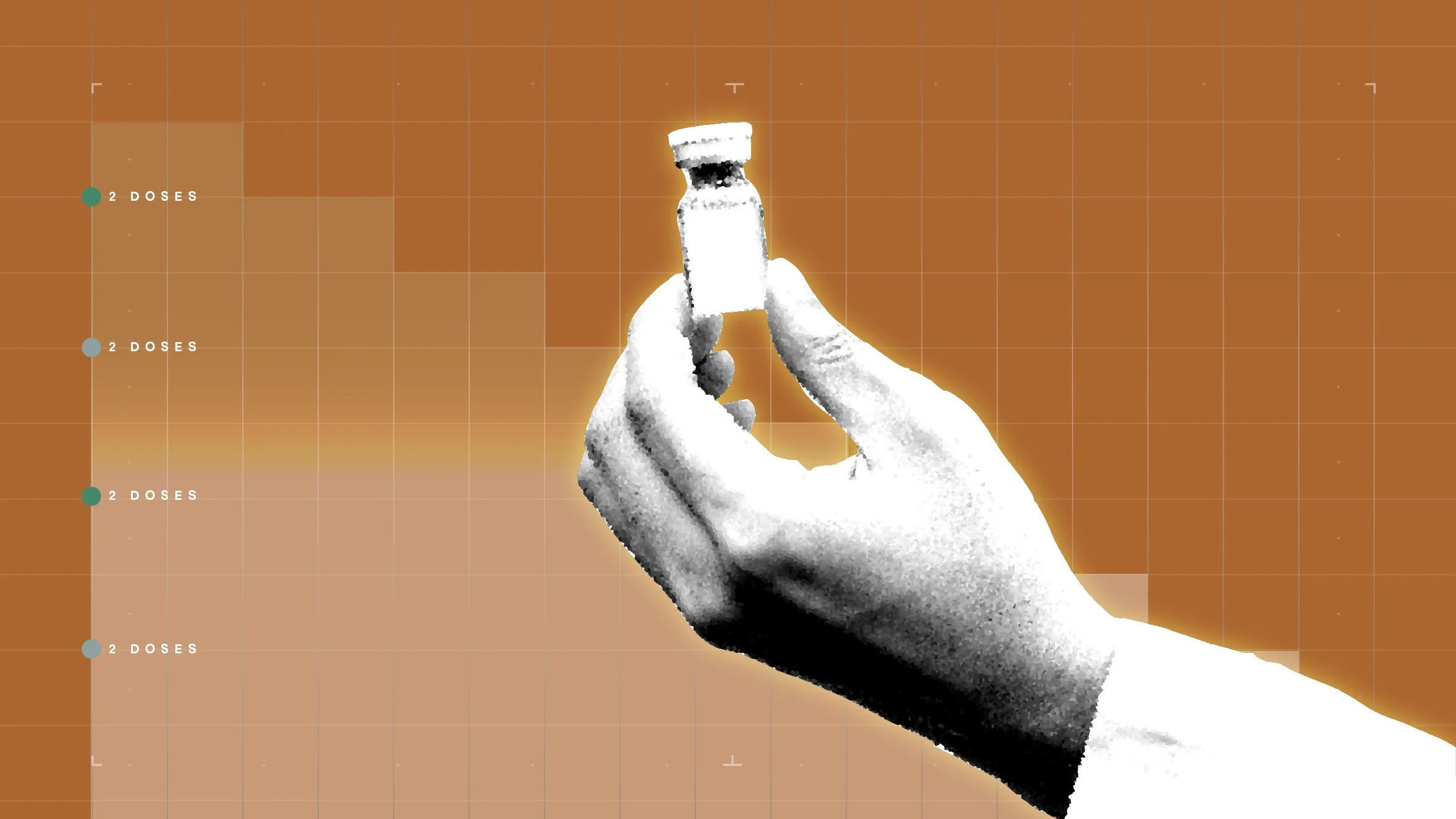 Brown background with graph paper texture and representational step  graph. In the center is a black-and-white cutout of a hand holding a vaccine vial.