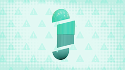 Light teal background with texture and warning sign pattern. In the center is a teal capsule pill cut into thirds. 
GoodRx Health