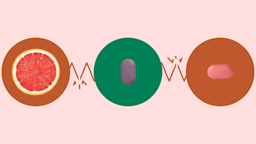 Custom graphic showcasing the types of drugs that interact with Rinvoq. In the center is a purple Rinvoq pill on a green circle. On the left, on a red circle, is a half of a grapefruit. On the right, on a red circle, is a pink oblong pill. The circles are connected with a broken zig-zag line.
GoodRx Health

