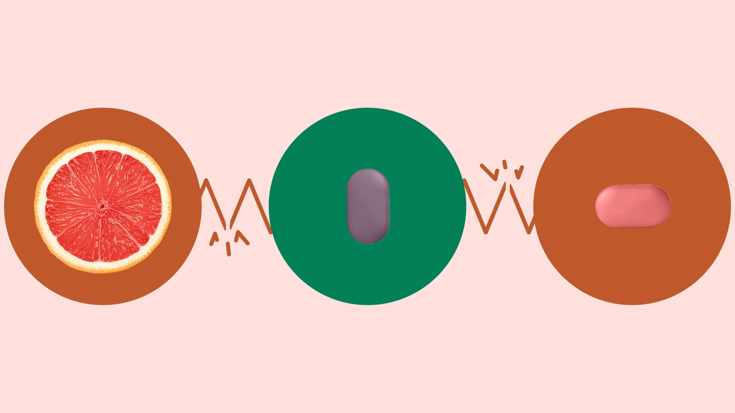Custom graphic showcasing the types of drugs that interact with Rinvoq. In the center is a purple Rinvoq pill on a green circle. On the left, on a red circle, is a half of a grapefruit. On the right, on a red circle, is a pink oblong pill. The circles are connected with a broken zig-zag line.
