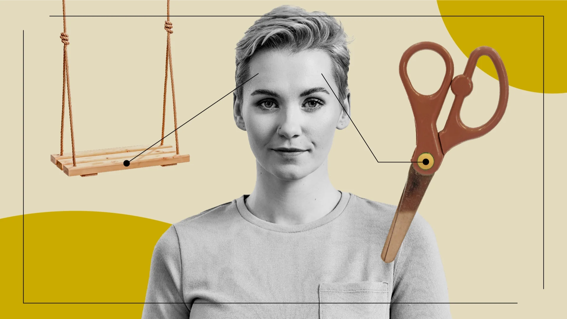 Tan background with two yellow circles in the top right and bottom left corners. There is a black and white portrait of a person with a neutral expression in the middle. Off of them there are diagram lines pointing to objects representing the feelings of being on Cymbalta. These are: a swing and a blunt pair of scissors.