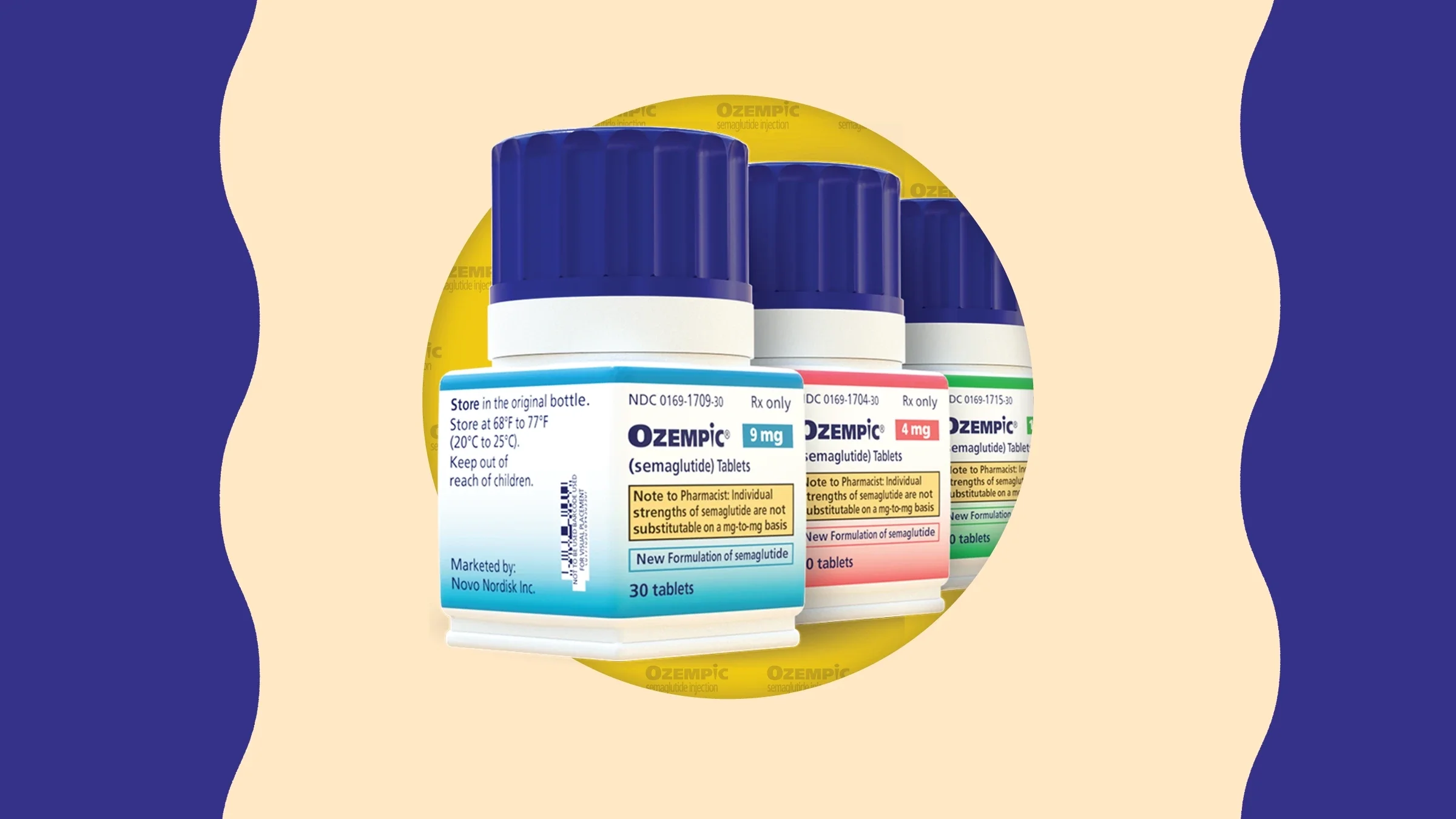 In the center of a light tan background with blue wavy shapes on each side are three Ozempic pill bottles at varying dosages.