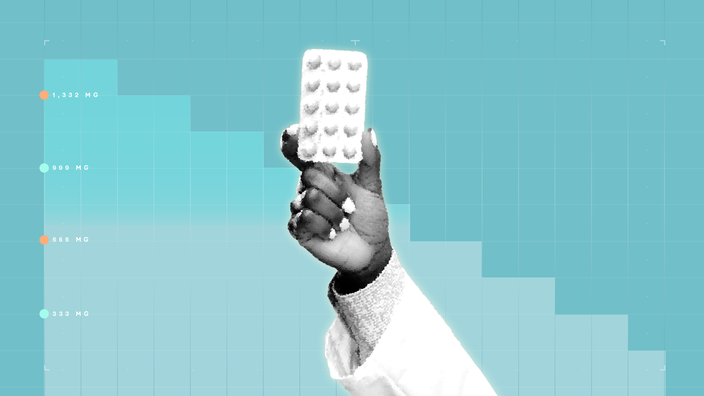 Light blue background with graph paper texture and representational step graph. In the center is a black-and-white cutout of a doctor’s hand holding a blister pack of pills.