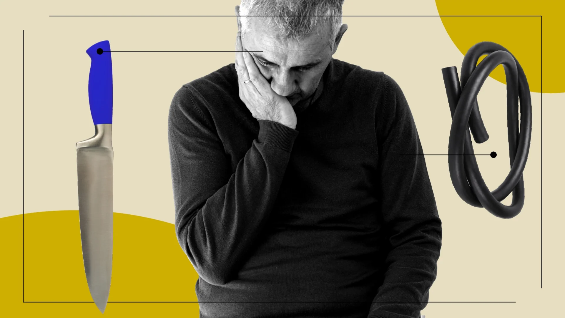 A custom graphic includes a black-and-white photograph of a man flanked by two objects that depict stroke pain: a knife and a rubber hose.