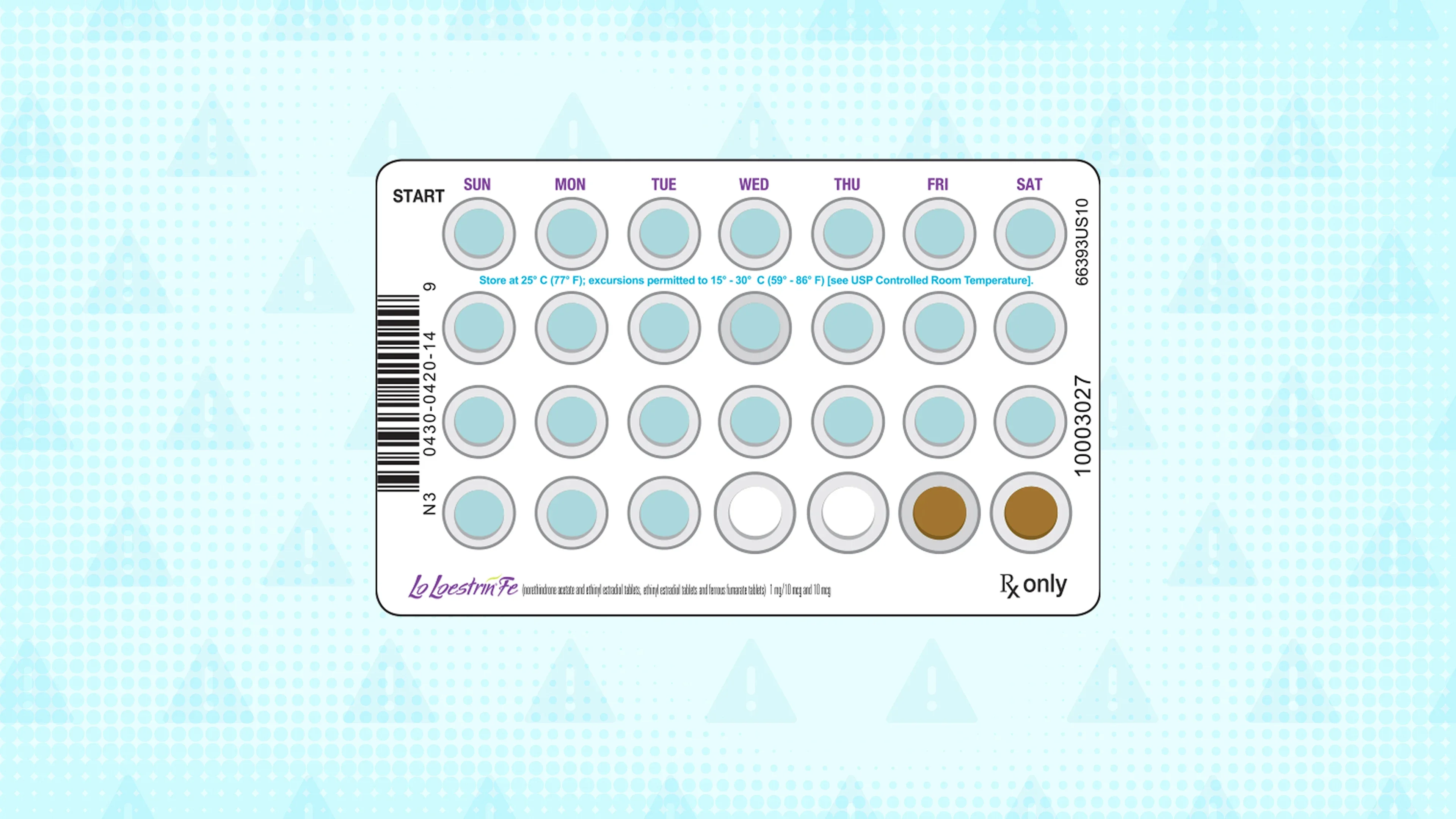 Light-blue background with texture and warning sign pattern. In the center is a blister pack of pills.
GoodRx Health, Courtesy of Abbvie