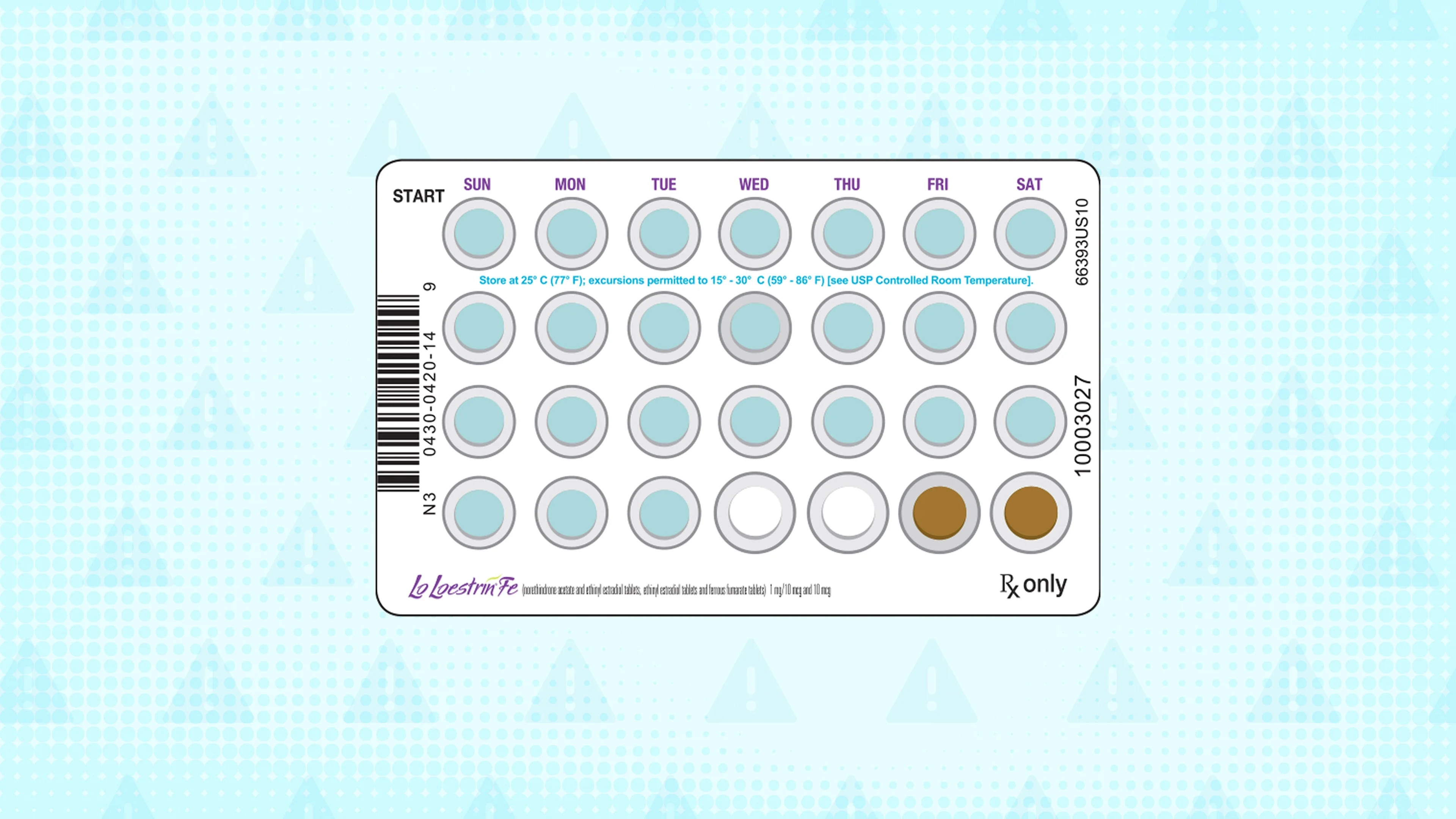 Light-blue background with texture and warning sign pattern. In the center is a blister pack of pills.