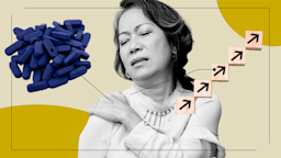 Tan background with yellow circles in the top-right and bottom-left corners. There is a black-and-white portrait of a woman in pain. There are lines pointing to objects representing Valtrex and the feelings on it, including a pile of blue pills and upward arrow blocks representing improvement.
GoodRx Health