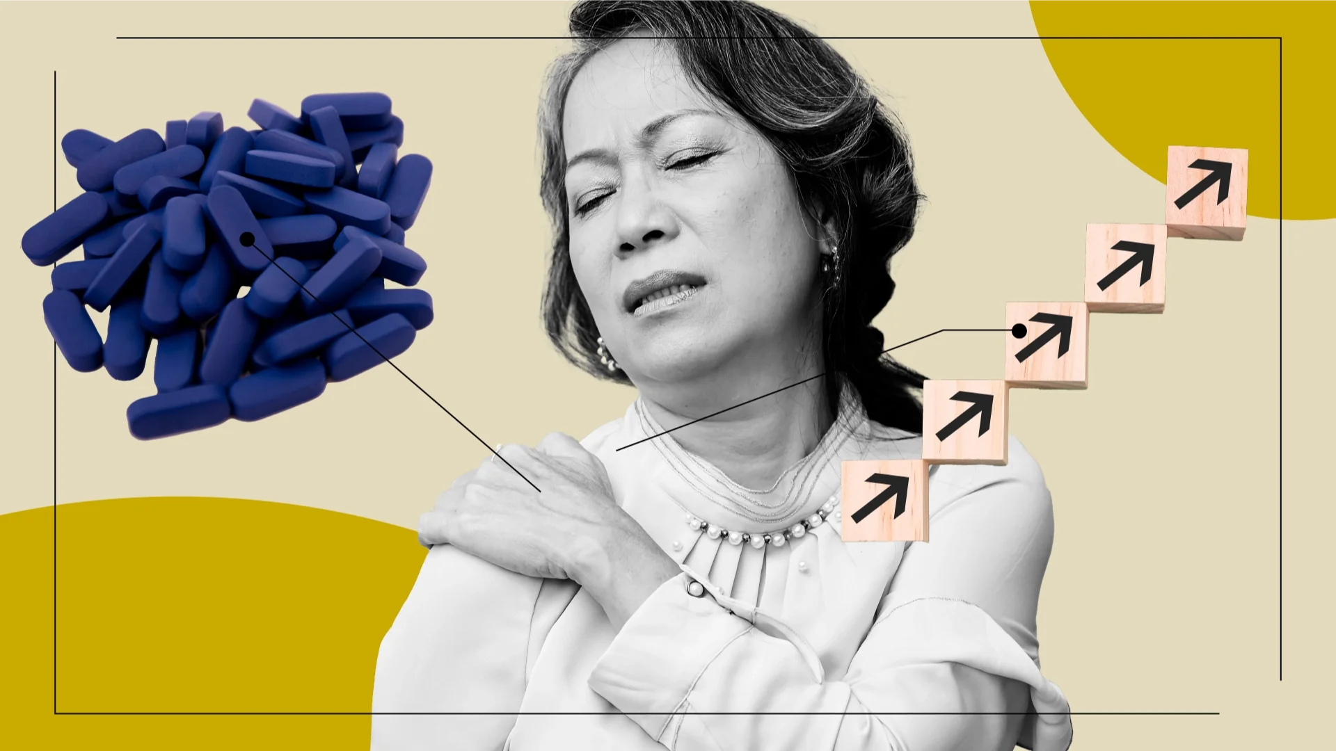 Tan background with yellow circles in the top-right and bottom-left corners. There is a black-and-white portrait of a woman in pain. There are lines pointing to objects representing Valtrex and the feelings on it, including a pile of blue pills and upward arrow blocks representing improvement.