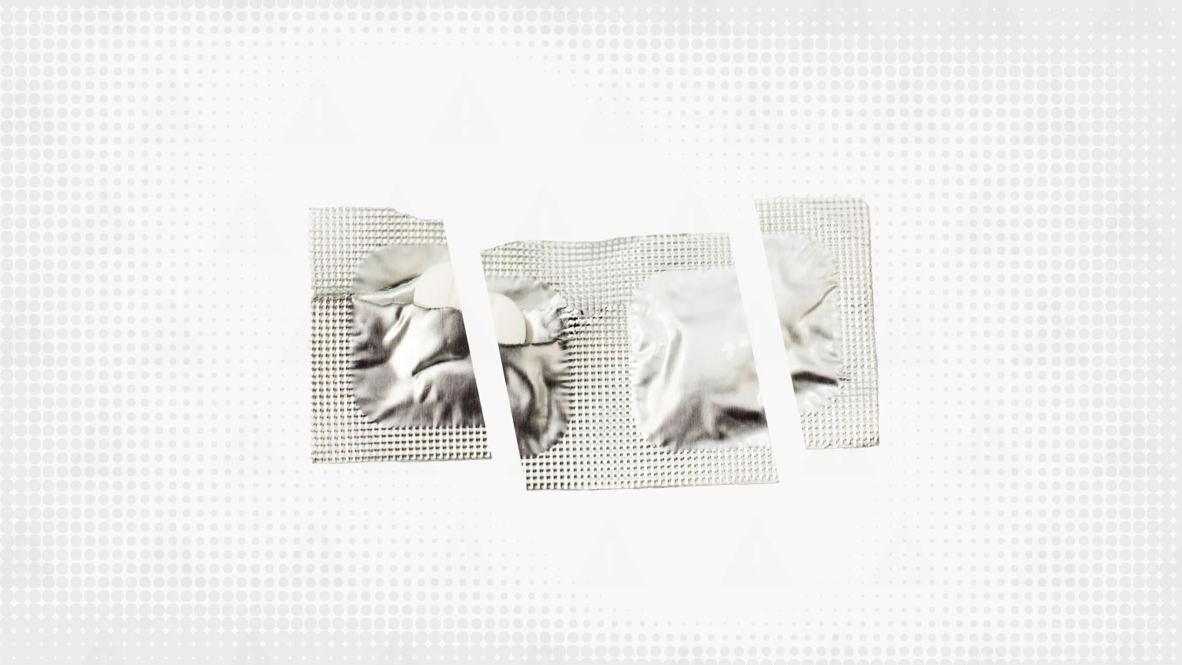 Light gray background with texture and warning sign pattern. In the center is a foil pack of 2 pills cut into thirds.