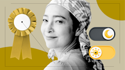 Custom graphic with a black and white portrait of a woman in a headscarf in the center. Off of her are diagram lines pointing to items representing what it feels like to take Zofran. On the left is a gold award ribbon and on the right are day night toggle switches. 
GoodRx Health 