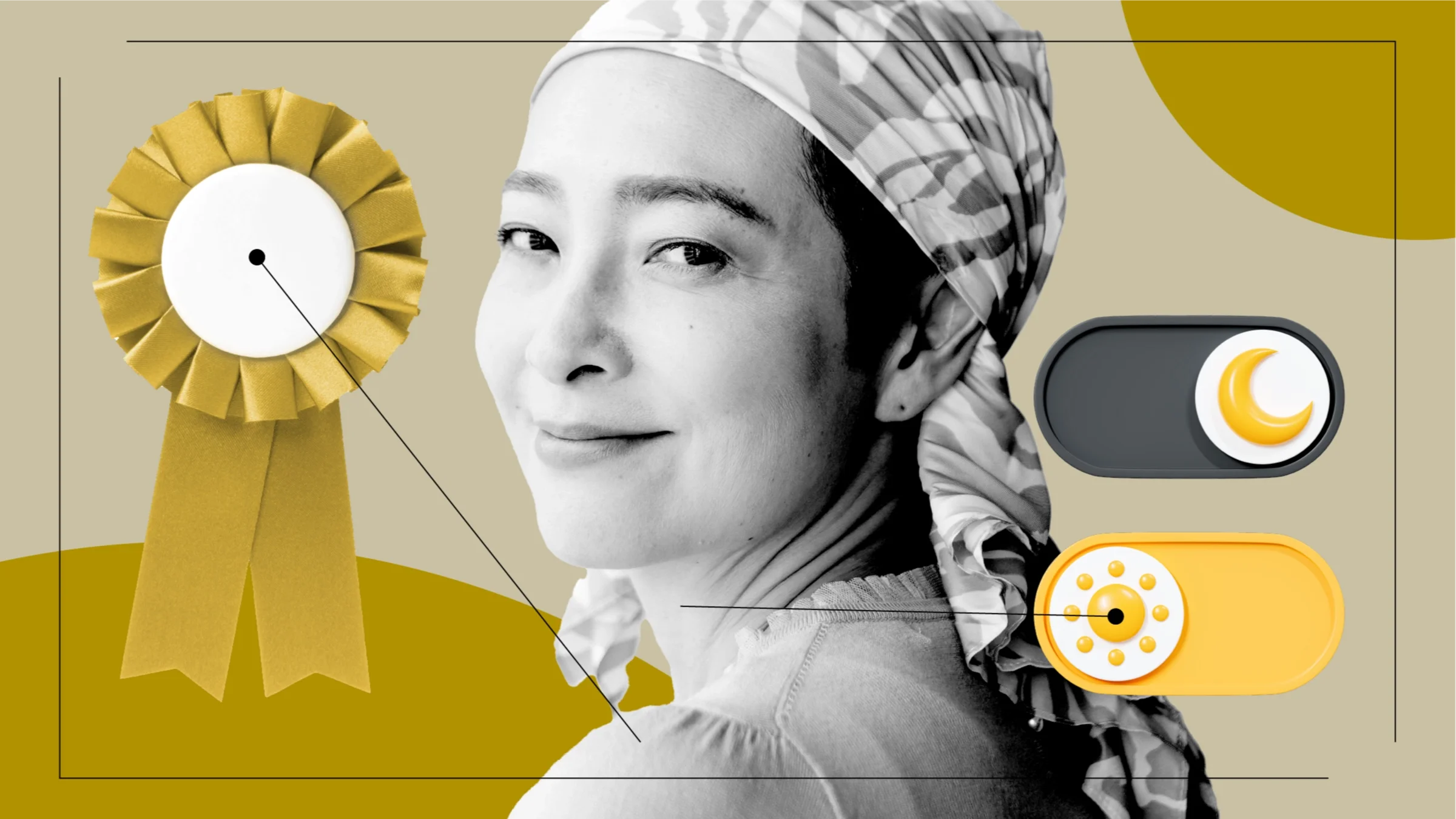 Custom graphic with a black and white portrait of a woman in a headscarf in the center. Off of her are diagram lines pointing to items representing what it feels like to take Zofran. On the left is a gold award ribbon and on the right are day night toggle switches. 
