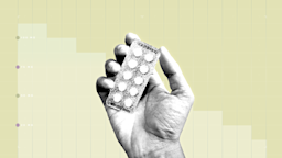 Light-yellow background with graph paper texture and representational step graph. In the center is a black-and-white cutout image of a hand holding a blister pack of pills.
GoodRx Health
