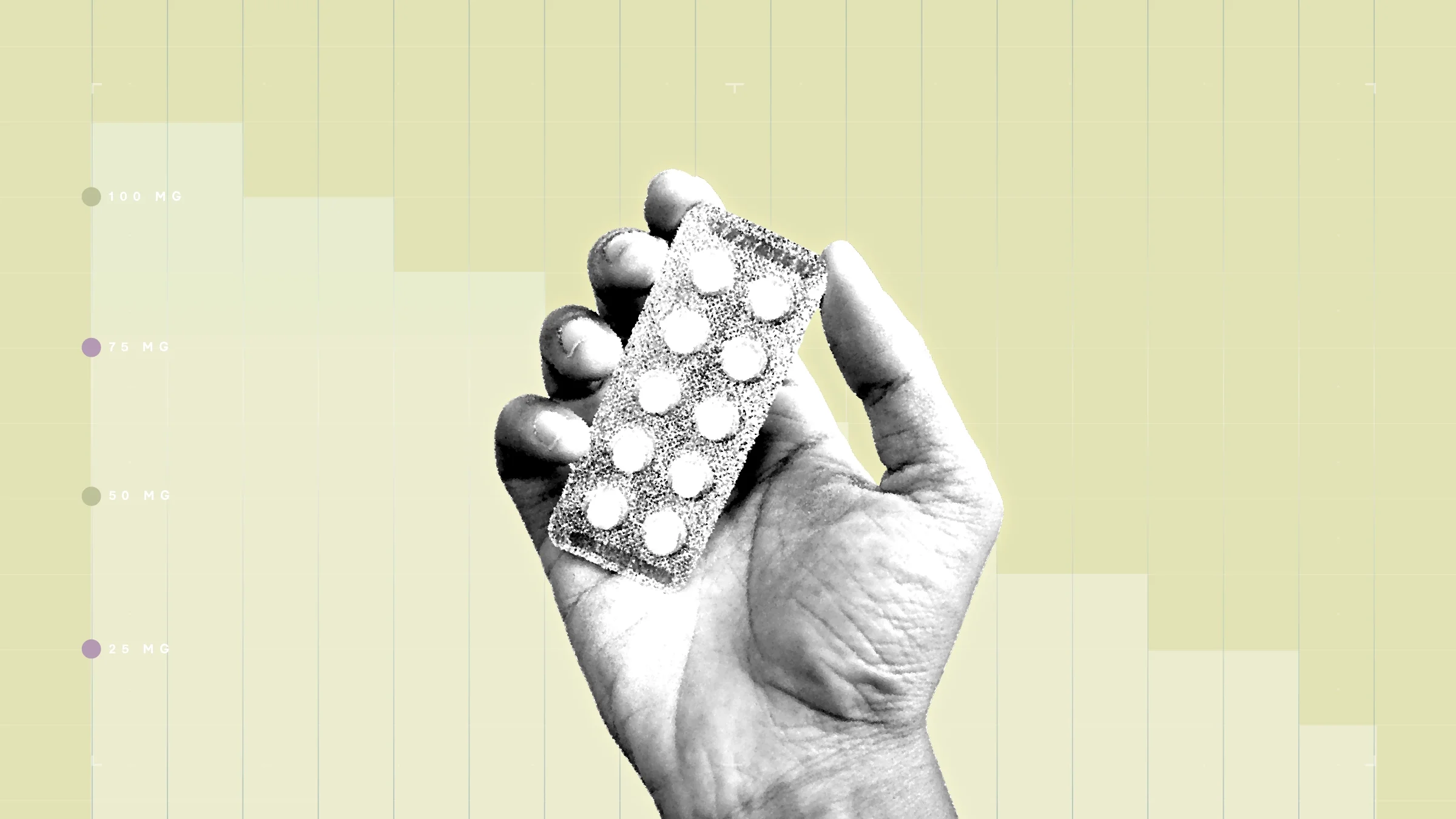 Light-yellow background with graph paper texture and representational step graph. In the center is a black-and-white cutout image of a hand holding a blister pack of pills.