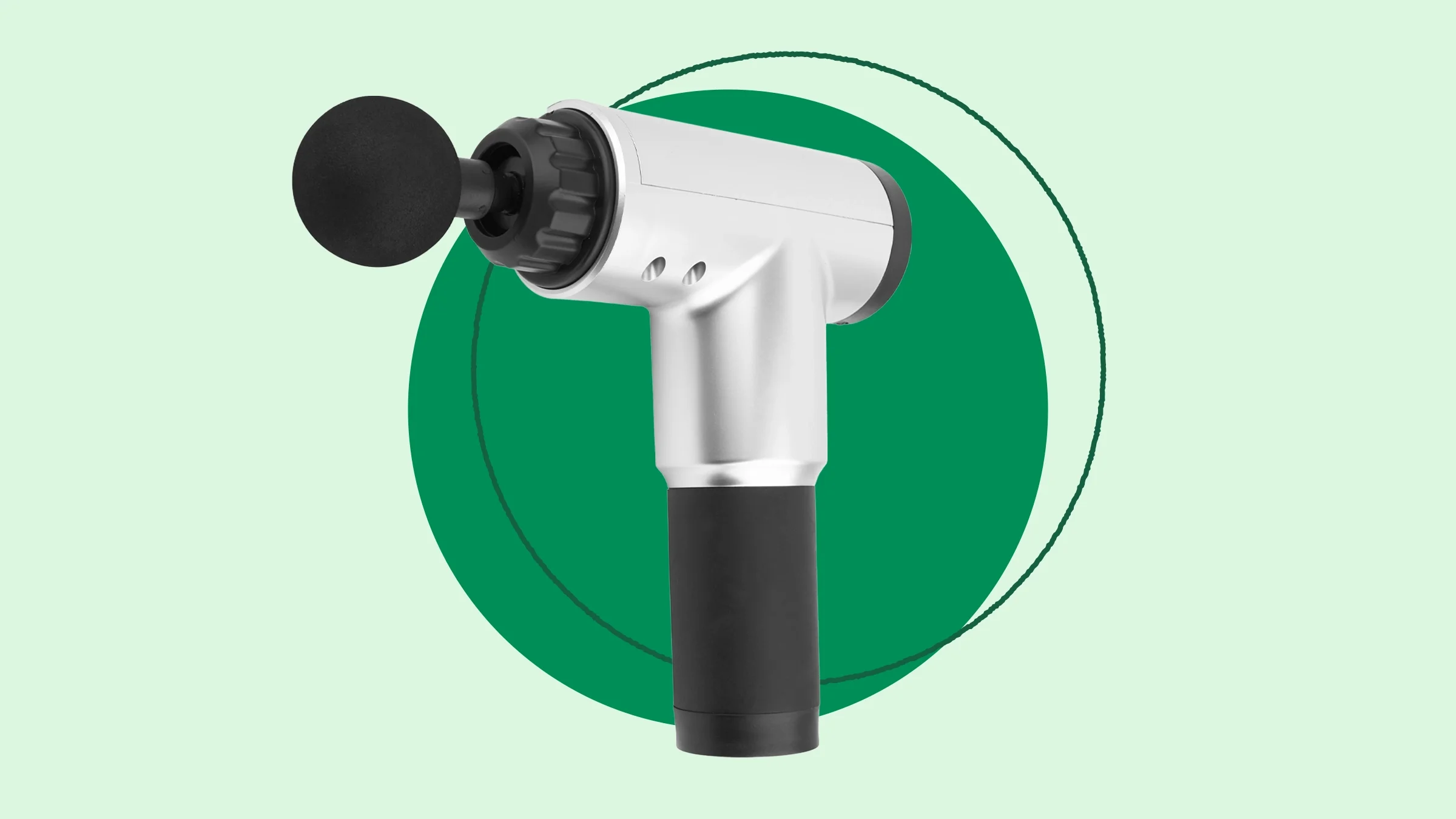 Light-green background with green circle behind a cutout image of a massage gun.