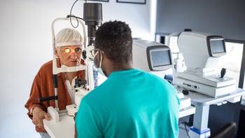 Glaucoma: senior woman eye doctor 1340040261