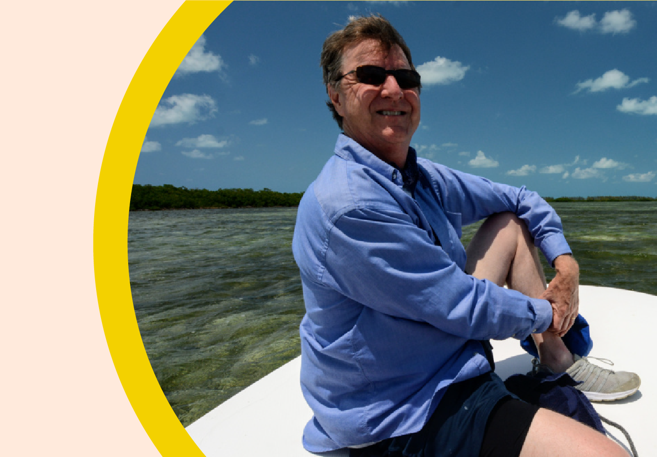 Portrait of Mike Larson on a small skiff in Bimini, the Bahamas, in 2014.