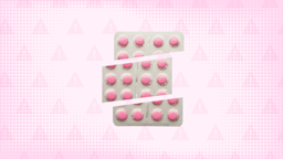 Light pink background with halftone texture and warning sign pattern. In the center is a blister pack of light pink pills cut into thirds.
GoodRx Health