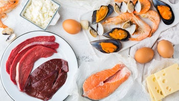 Health: Vitamin B-12: flat lay foods rich in B12-1130686240