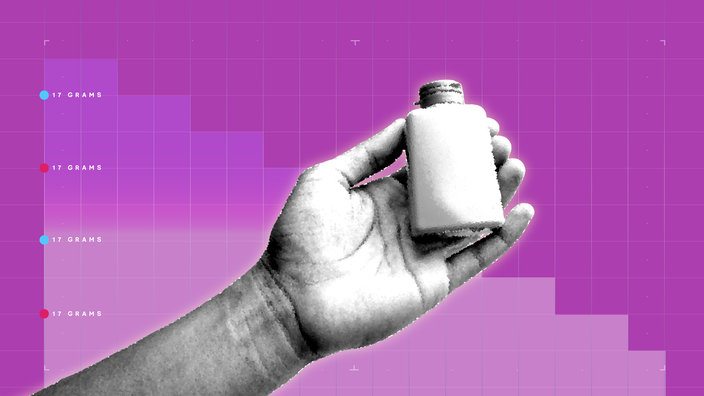 In the center of a bright purple background with graph paper texture and representational step graph is a black and white cutout of a hand holding a bottle of medicine. 