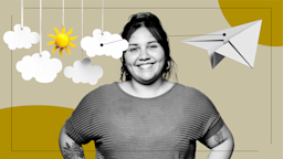 A photo of a woman smiling. Beside her are a paper airplane and  paper clouds and a sun hanging by strings. 
GoodRx Health
