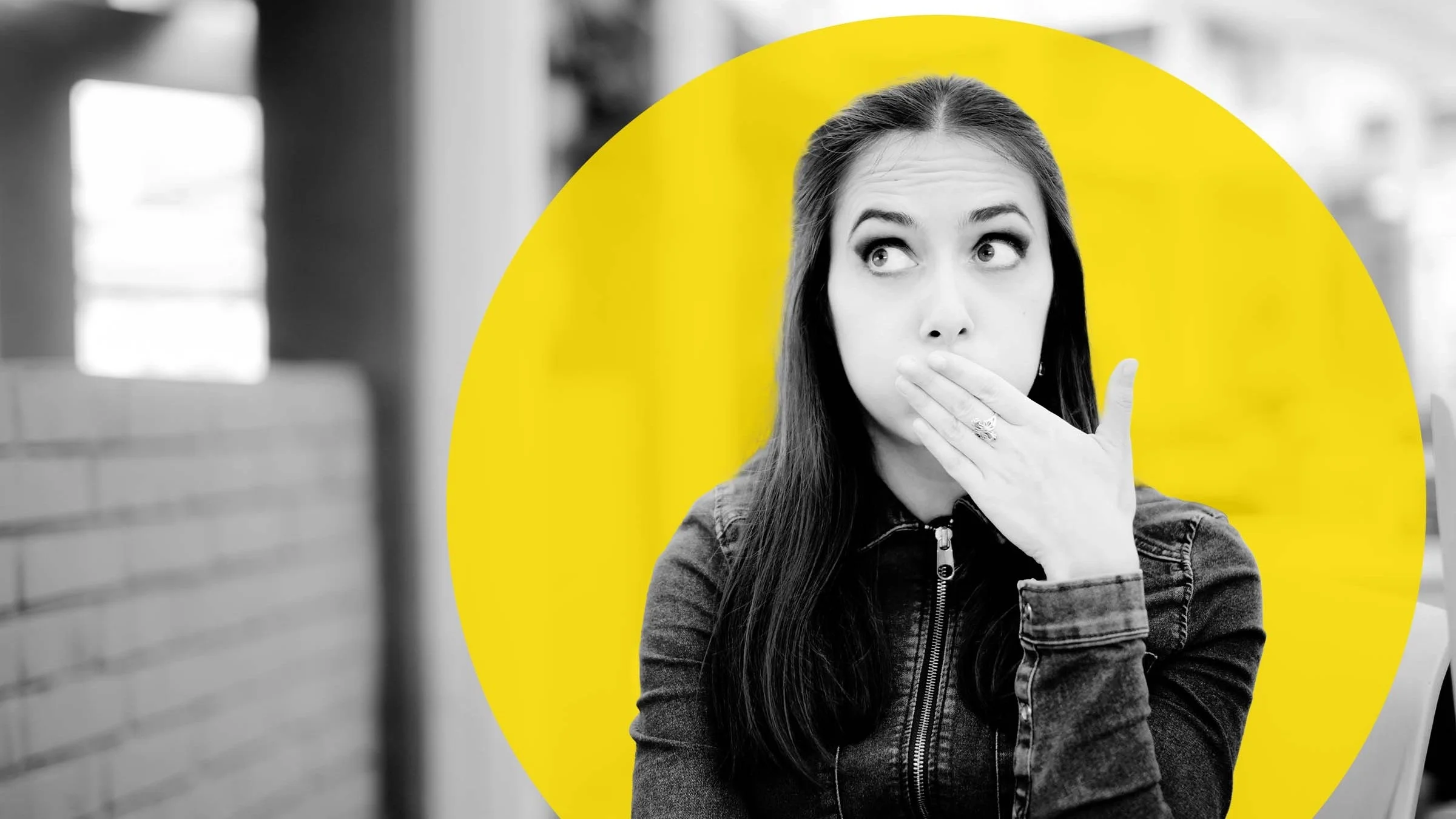 Black and white portrait of a woman with hiccups covering her mouth. There is an added yellow graphic circle behind her.