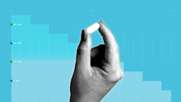 A graphic shows a black-and-white image of a hand holding a pill in front of a blue step-graph background.
GoodRx Health