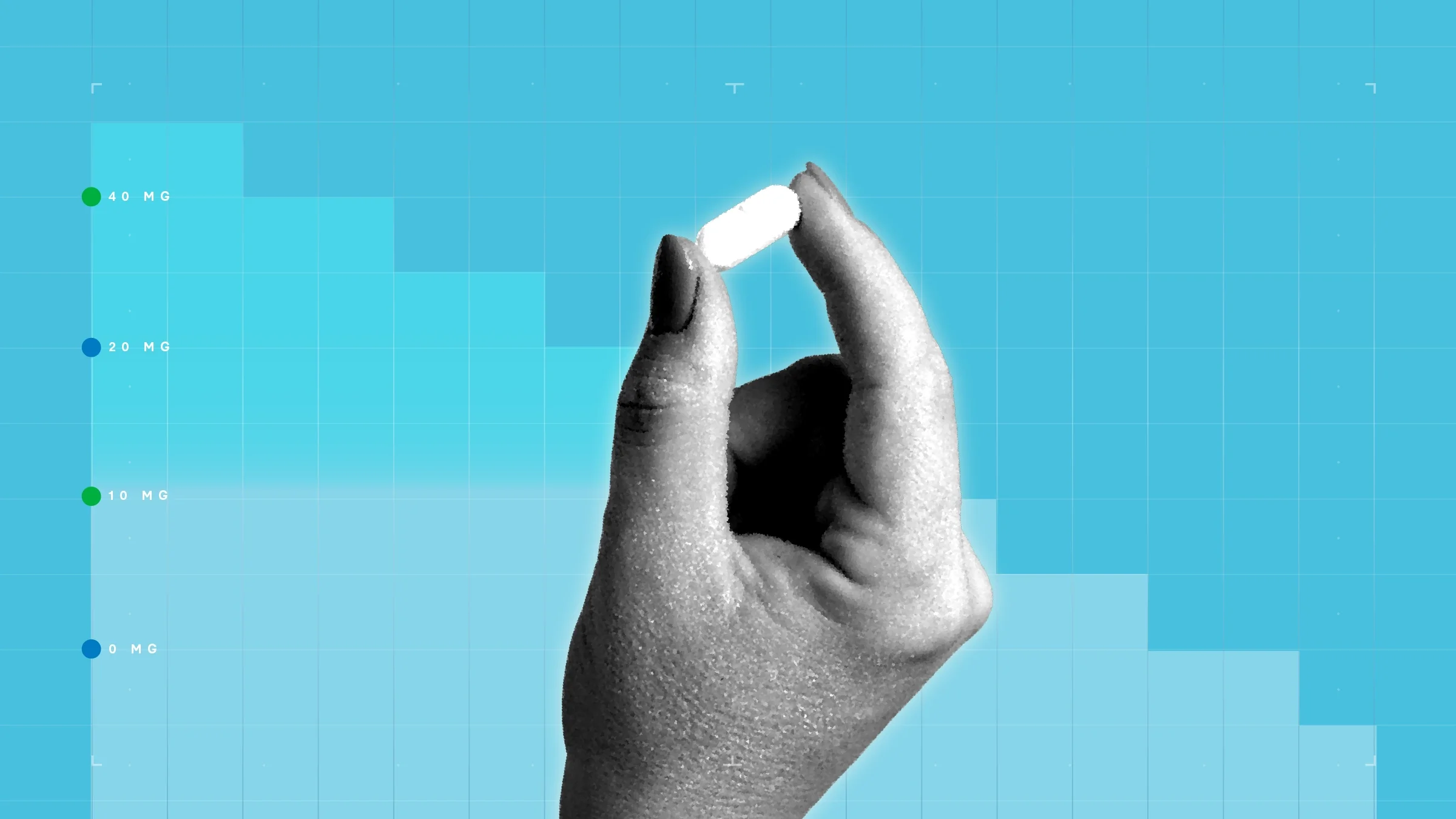 A graphic shows a black-and-white image of a hand holding a pill in front of a blue step-graph background.