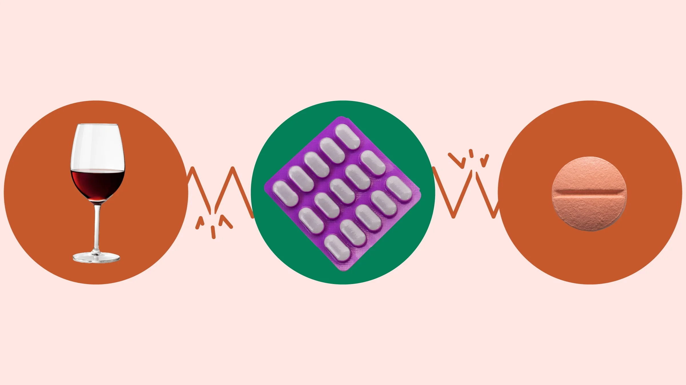 The image depicts a light red background with three circles across the frame. In the center, on a green circle, is a purple blister pack of white pills. On the left, on a red circle, is a glass of red wine. On the right, on a red circle, is a single reddish round pill.