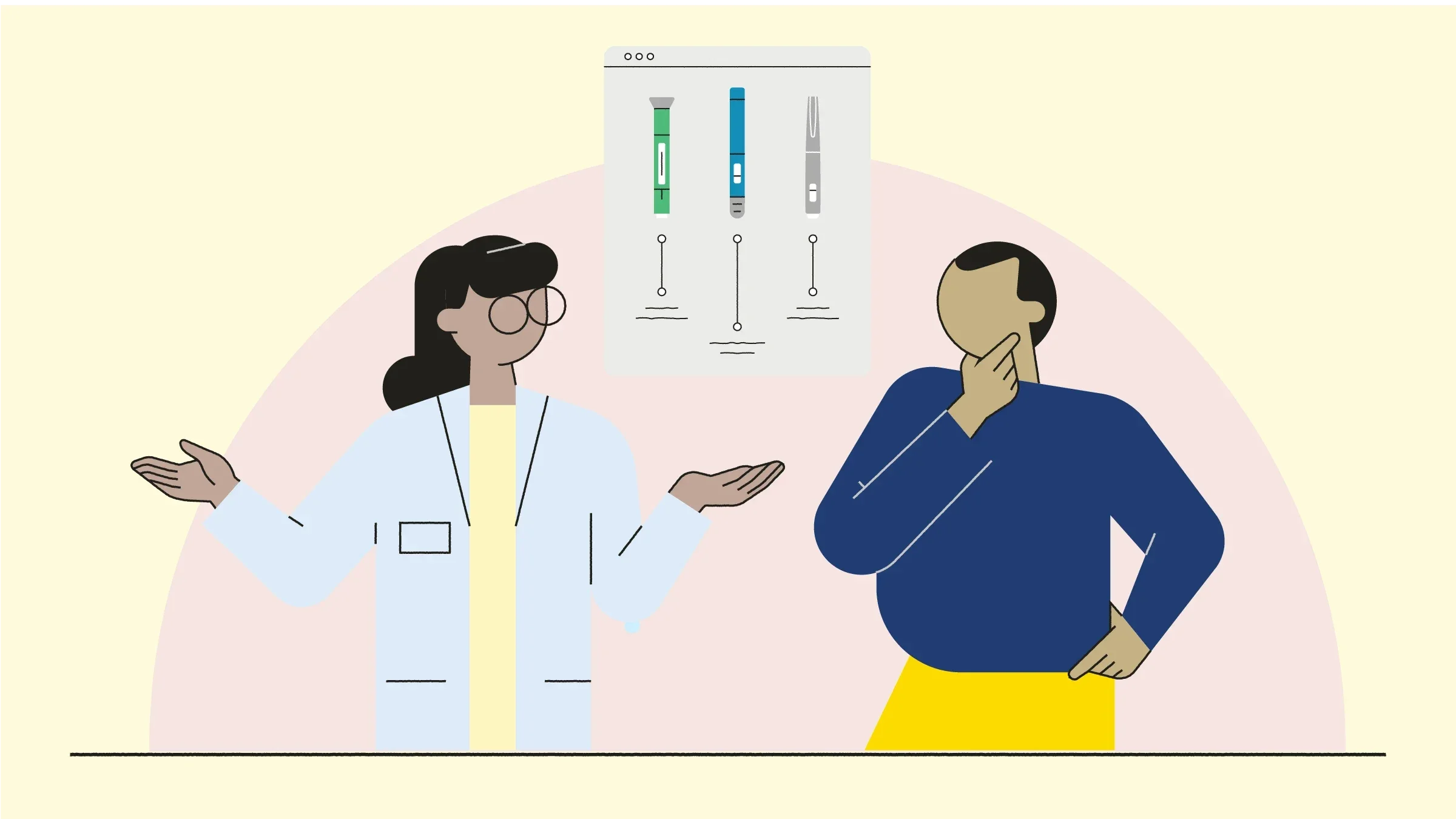 Light yellow background with illustration of a HCP with a patient discussing GLP-1 pens
GoodRx/Health