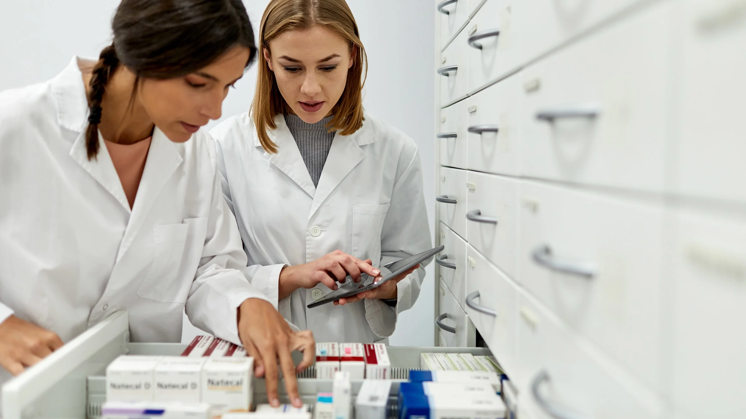 Two pharmacists going through stock.
