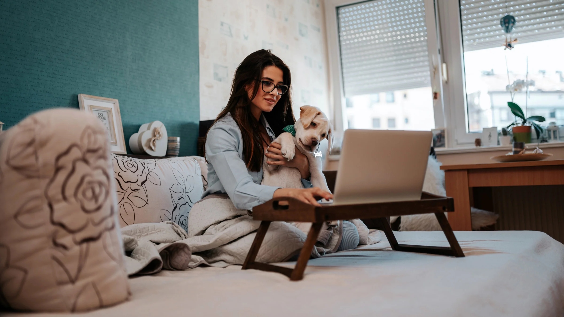 A person using their laptop in bed and holding their dog.