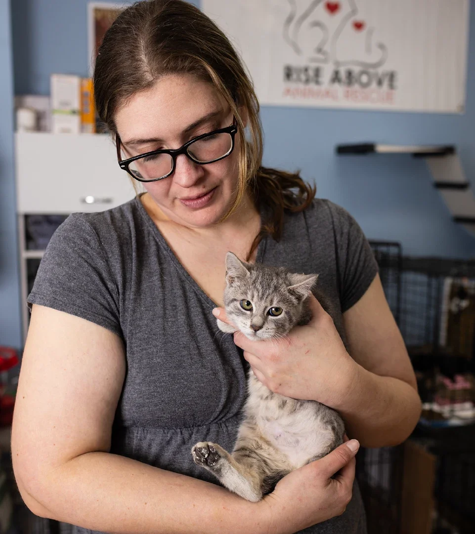 Portrait of Kaitlin Langlois with a three-legged kitten who is available for adoption.