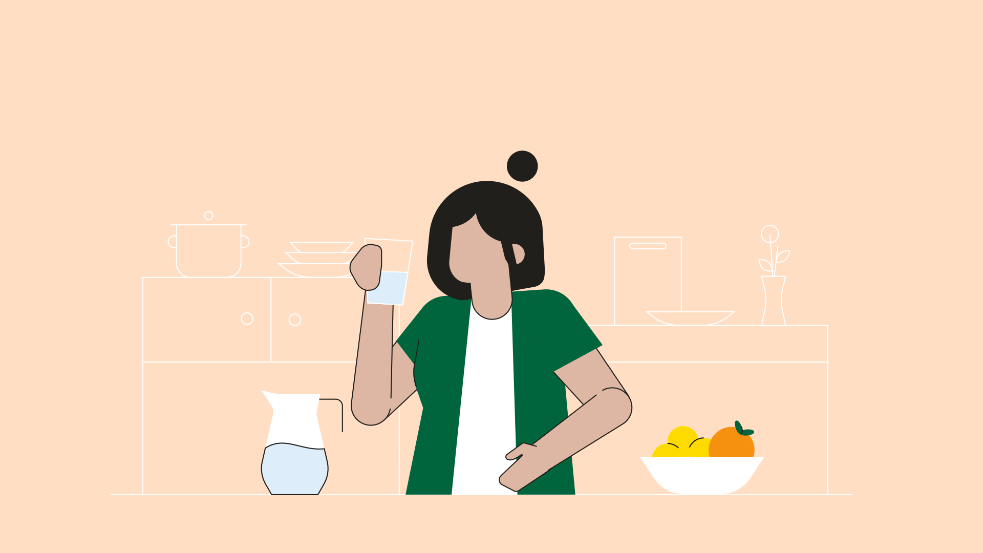 Light orange background with illustration of woman in the kitchen drinking out of a water glass. 
GoodRx Health