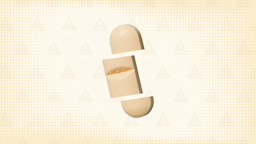 Custom graphic with a tan background with texture and warning sign pattern. In the center is a tan oblong pill cut into thirds. 
GoodRx Health