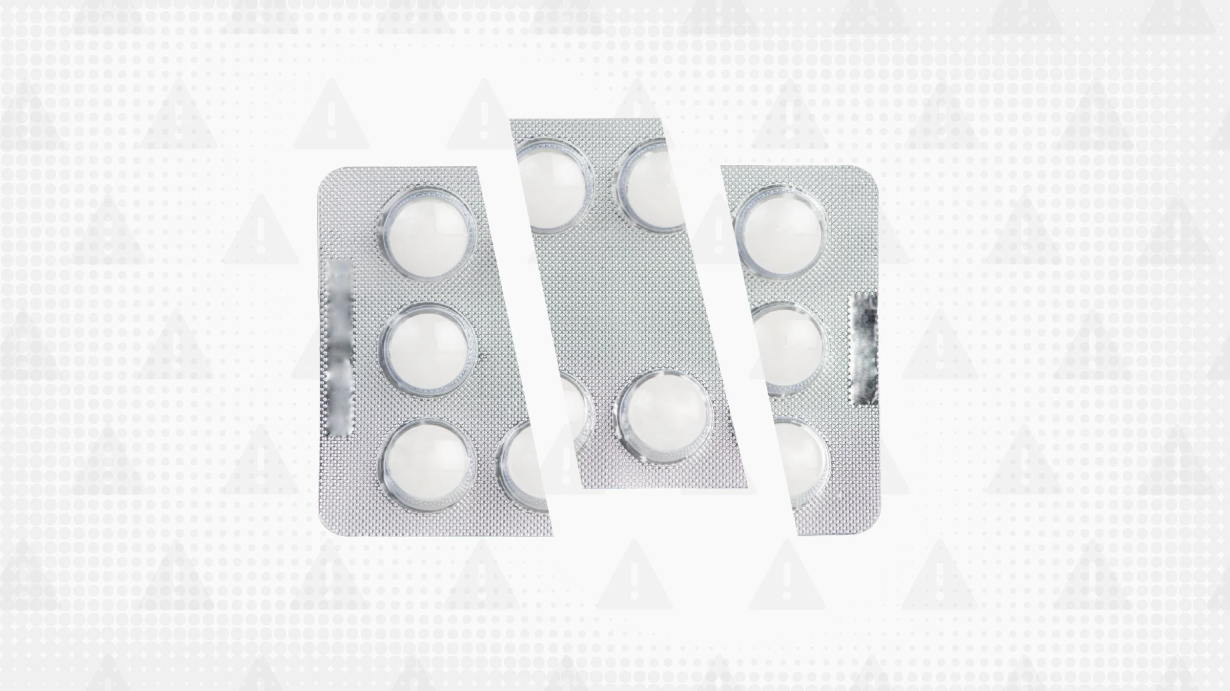 A custom graphic shows a blister pack of white pills cut into thirds against a background on warning icons, in grayscale. 