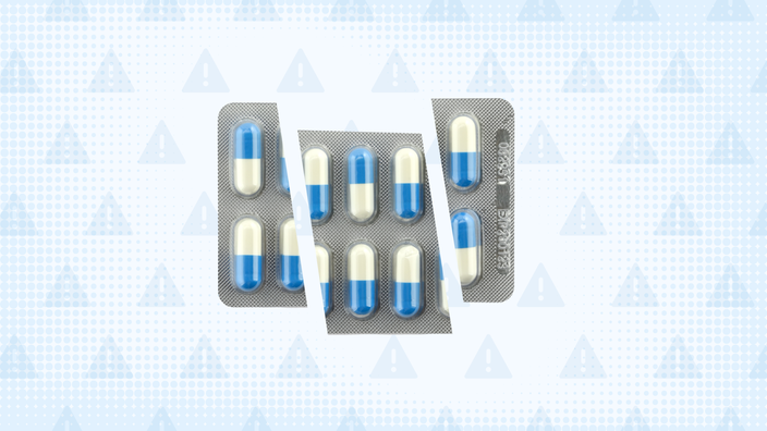 Light blue background with texture and warning sign pattern. In the center is a blister pack of blue and white pills cut into thirds.