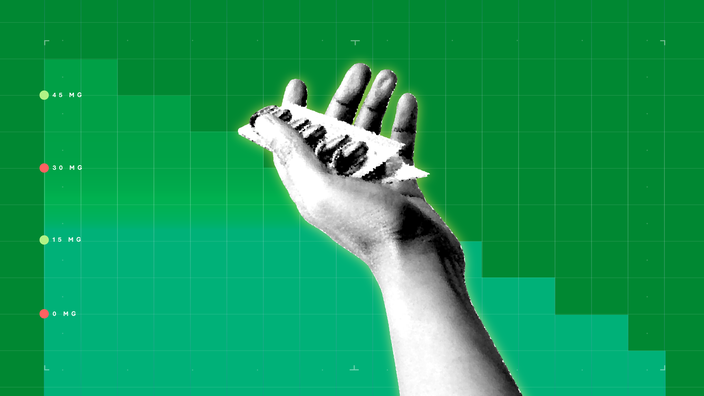 In the center of a green background with graph paper texture and representational step graph is a black and white cutout of a hand holding blister packs of Nyquil pills.