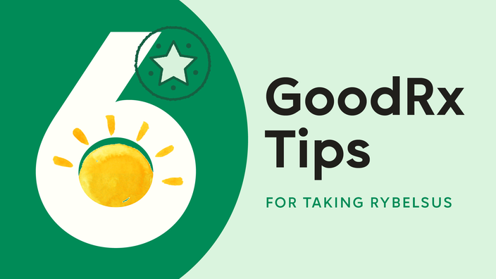 Custom graphic reading “6 GoodRx Tips for Taking Rybelsus.” There is an illustration of a sunrise coming from behind the number 6. 