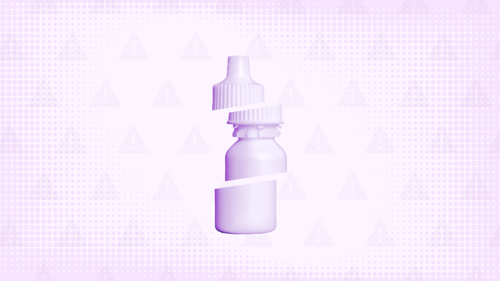 A light purple background with texture and warning sign pattern. In the center is an eye drop bottle cut into thirds.