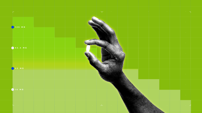 In the center of a bright green background with graph paper texture and representative step graph is a black and white cutout of a hand holding a single oblong pill in between two fingers. 