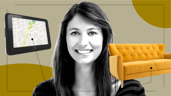 A black-and-white photo of a woman is surrounded by objects representing life with ulcerative colitis, including a couch.