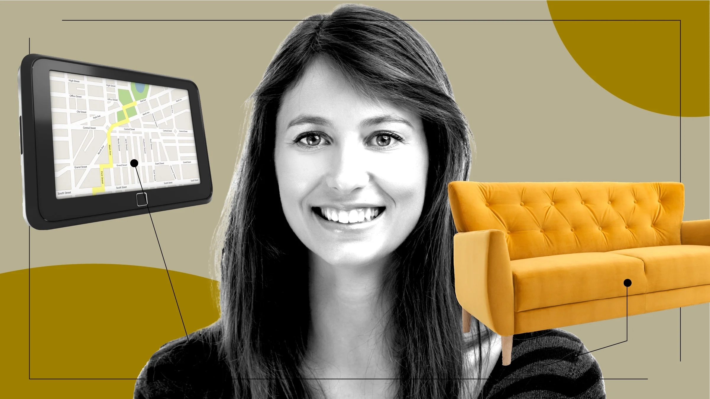 A black-and-white photo of a woman is surrounded by objects representing life with ulcerative colitis, including a couch.