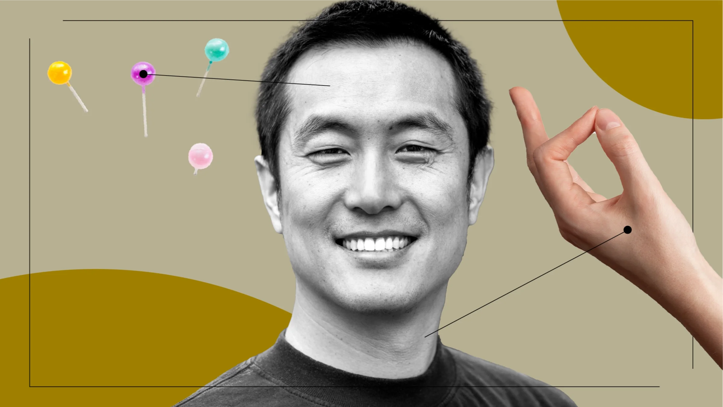 Tan background with a black-and-white portrait of a man smiling. Off of him are diagram lines pointing to images representing what it feels like to get Botox for migraines. On the left is a set of colorful pins. And on the right is a hand in a pinching position. 