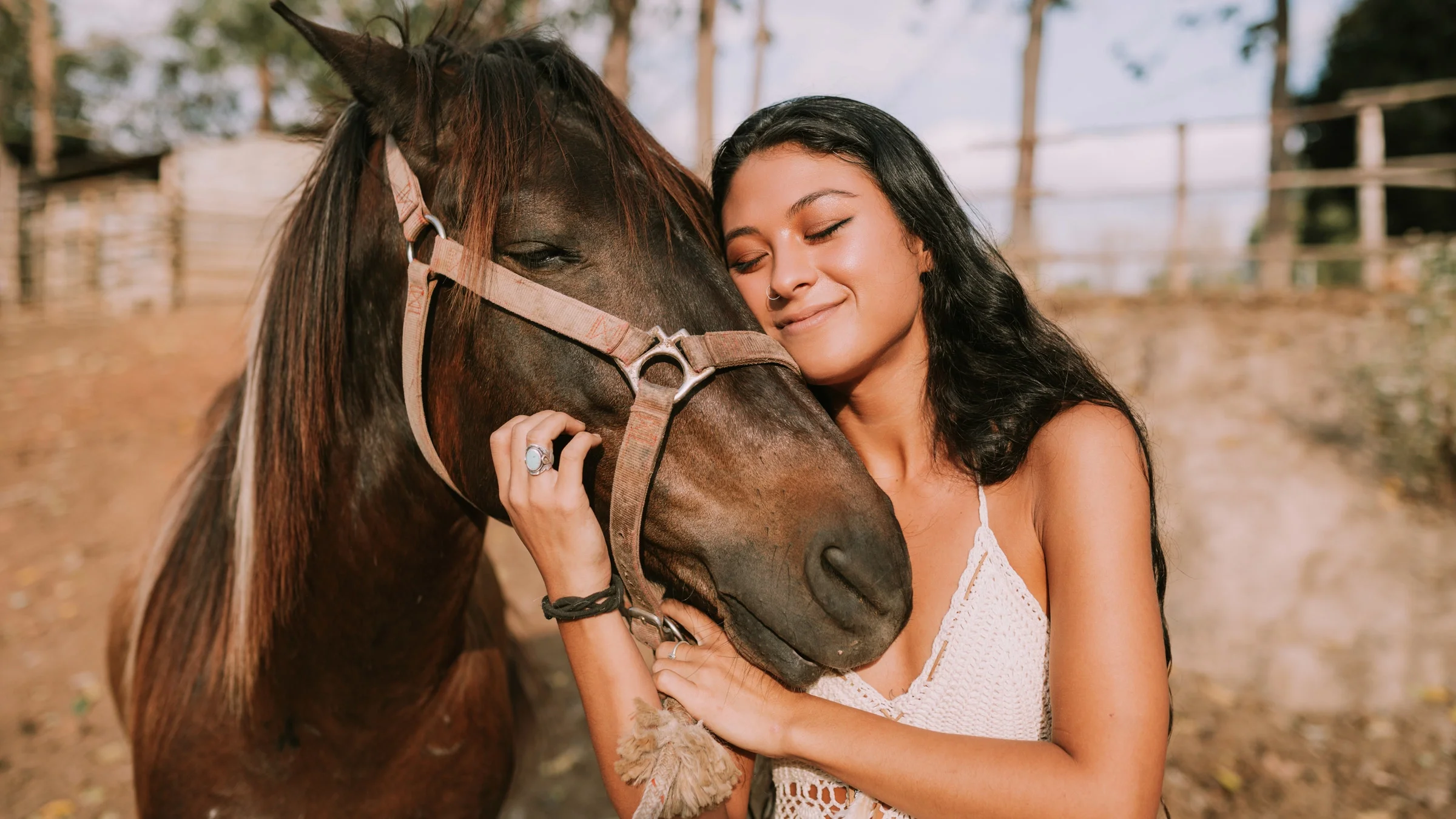 Girl with long black hair hugging a beautiful brown horse. Both the horse and the girl have their eyes closed.