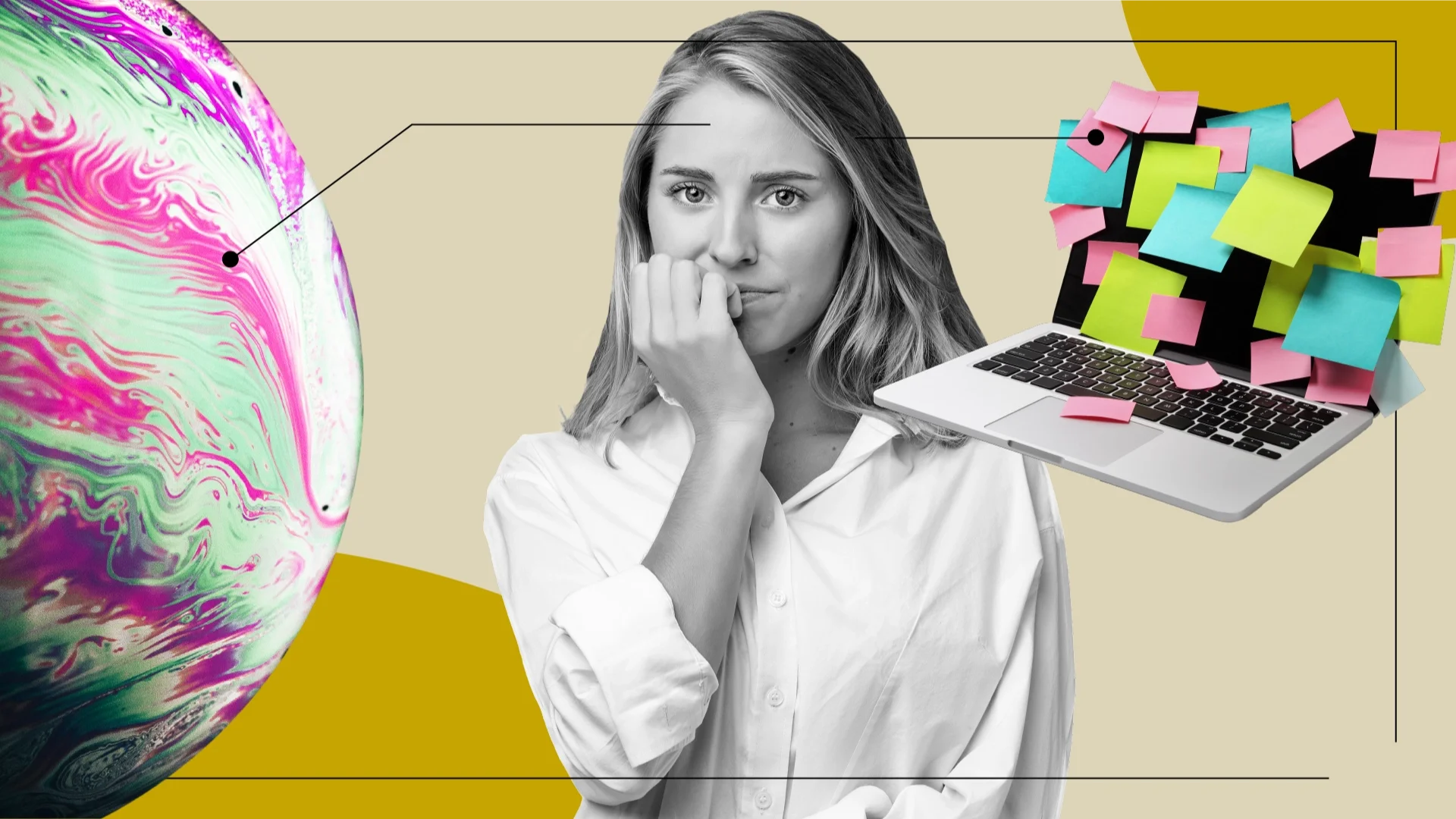 A woman is in the middle of the frame. Beside her are objects representing brain fog: a laptop covered in sticky notes and a large planet with marbled colors.