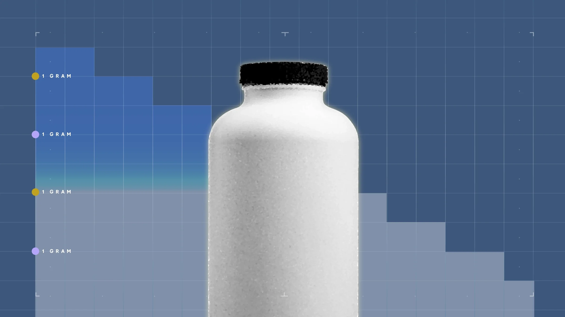 In the center of a dusty blue background with graph paper texture and representational step graph is a cutout of a black and white pill bottle.